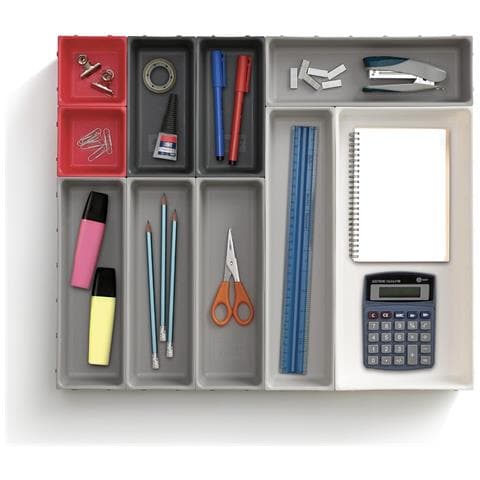 Organizzatore Modulare Per Cassetti Duo Dieci Pezzi Ideale Per Utensili Da Cucina Cancelleria E Attrezzi Design Personalizzabile E Compatto Colore Grigio Rosso - Foto 2