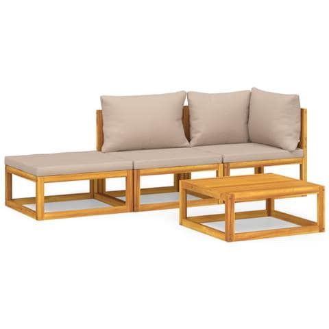 Set Salotto da Giardino 4pz con Cuscini Tortora Legno Massello - Foto 1