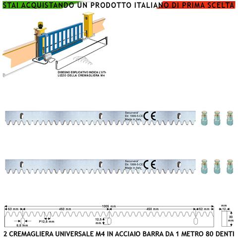 Aste Cremagliera Universale M4 Due Barre Da 1 Mt Con 80 Denti In Acciaio Zincato 12x30 Mm Portata 22 Q.li Max 30 Q.li - Foto 1