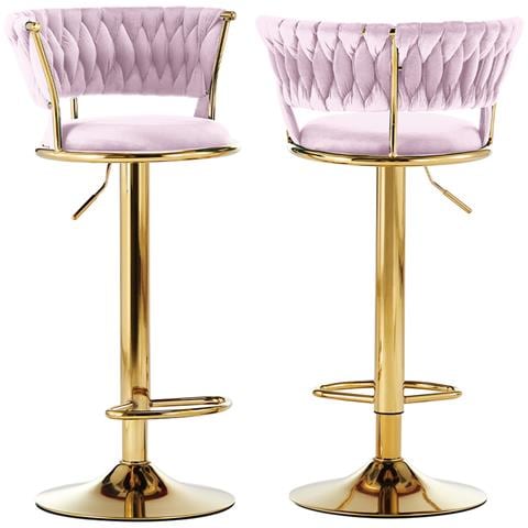 Set 2 Sgabelli Cucina Bar Schienale Intrecciato In Velluto Rosa Struttura Oro - Foto 1