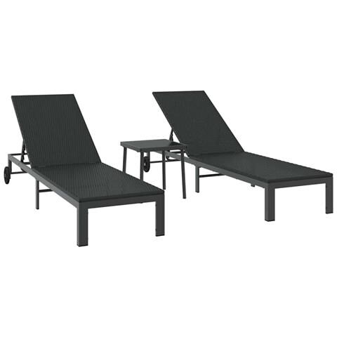 Lettini 2 pcs con Ruote e Tavolo Nero Polyrattan - Foto 1