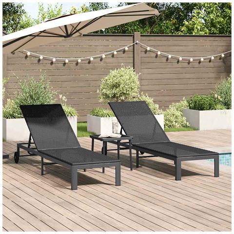 Lettini 2 pcs con Ruote e Tavolo Nero Polyrattan - Foto 2