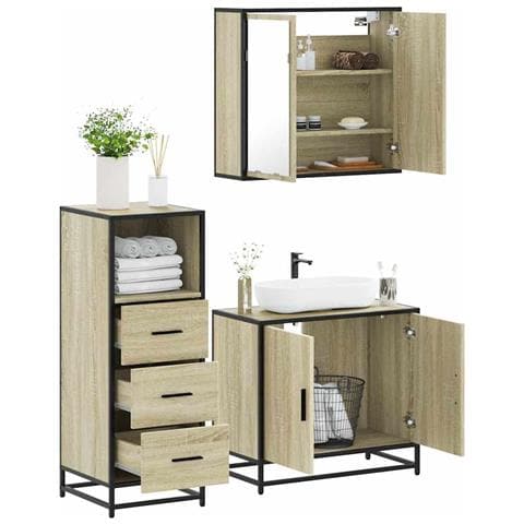Set Mobili da Bagno 3 pz Rovere Sonoma in Legno Multistrato - Foto 2