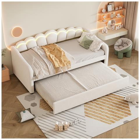 Letto Da Giorno 90x200cm, Con Letto A Scomparsa, Luce Cambia Colore, Telecomando, Divano Letto, Letto Singolo (senza Materasso), Stile Minimalista, Velluto, Beige - Foto 1