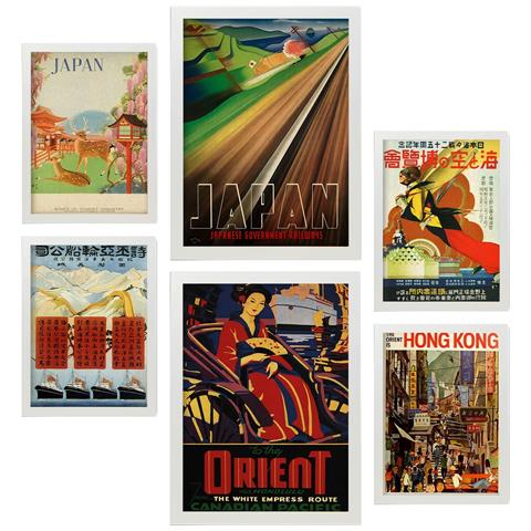 Set Di 6 Stampe Asia Illustrazioni A Colori Di Cartelloni Pubblicitari Turistici D'epoca Provenienti Da Tutto Il Mondo Design D'interni A3 & A4 Cornice Bianca - Foto 1