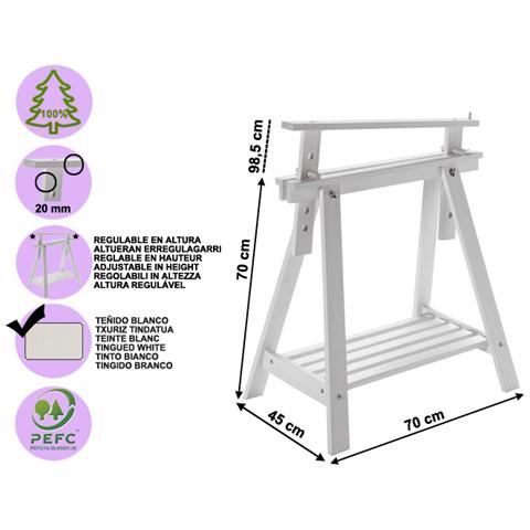 Cavalletto regolabile multiuso in legno di pino altezza cm 70/98max bianco - Foto 3
