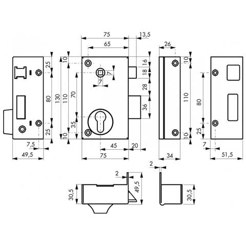 Serratura Verticale Da Applicare Doppio Cilindro Con Quadro Maniglia, Asse 45mm, Destra, 75x130mm, Nero - Thirard - Foto 1