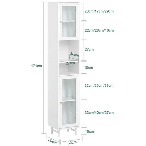 Mobile A Colonna Bagno Salvaspazio Mobile Alto Con Due Ante In Vetro Mobile Bagno Stretto Bianco 30x30x171 Cm Bzr118-w - Foto 2