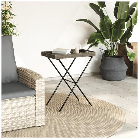 Tavolino Vassoio Pieghevole Grigio 65x40x75 Cm In Polyrattan - Foto 3