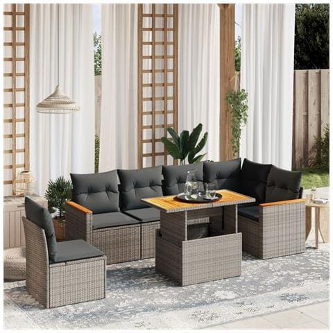 Set Divani Da Giardino 7 Pz Con Cuscini Grigio In Polyrattan - Foto 3