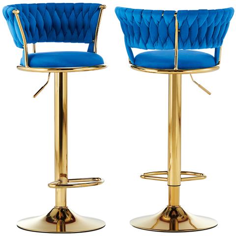Set 2 Sgabelli Cucina Bar Schienale Intrecciato In Velluto Blu E Struttura Oro - Foto 1