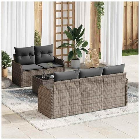 Set Divano da Giardino 6 Pezzi con Cuscini Grigio Polyrattan, Divano da Giardino 2 Posti con Ripostiglio e Cuscini Grigio Polyrattan - Foto 2