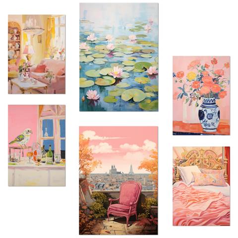 Set Di 6 Stampe Primavera Rosa Con Illustrazioni Di Design Per Decorare Le Pareti Della Tua Casa, Ufficio, Negozio E Attività Commerciale A3 & A4 Senza Cornice - Foto 1