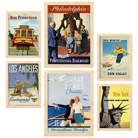 Set Di 6 Stampe Stati Uniti Illustrazioni A Colori Di Cartelloni Pubblicitari Turistici D'epoca Provenienti Da Tutto Il Mondo A3 & A4 Telaio In Legno Chiaro - Foto 1