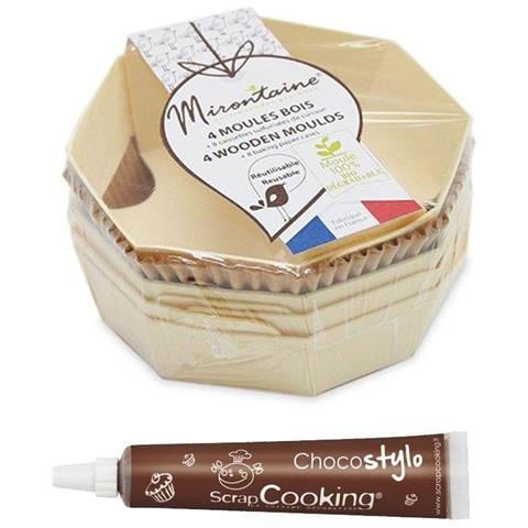 4 Stampi Rotondi Individuali In Legno + 8 Pirottini Da Forno + Penna Alimentare Al Cioccolato - Foto 2