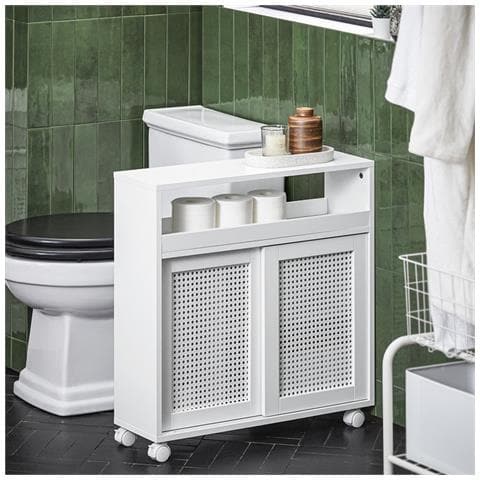 Mobile Nicchia Con Ruote Carrellino Salvaspazio Con Due Ante Scorrevoli In Rattan Mobile Bagno Bianco 20x65x70cm Bzr119-w - Foto 5
