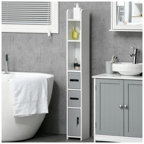 Colonna Bagno Con Mensole E Armadietti, Mobile Alto Salvaspazio In Legno 15x17x120cm, Bianco E Grigio - Foto 2