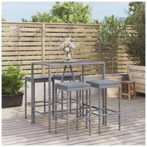 Set Bar Da Giardino 5 Pz Con Cuscini In Polyrattan Grigio - Foto 8