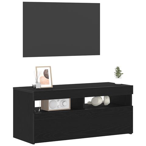 Mobile TV  con luci LED, Nero Rovere 90x35x40 cm in legno ingegnerizzato - Foto 2