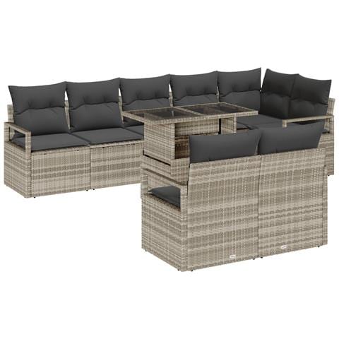 Set di Divani da Giardino 9 Pezzi con Cuscini Grigio Chiaro Rattan Poli - Foto 1