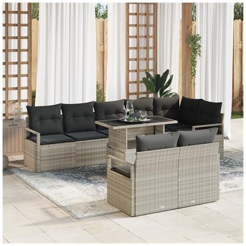 Set di Divani da Giardino 9 Pezzi con Cuscini Grigio Chiaro Rattan Poli - Foto 2