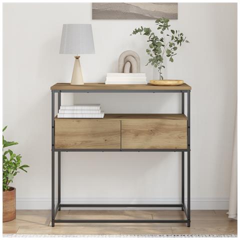 Tavolino Console Rovere Artigianale 75x40x75 cm Legno Ingegnerizzato e Acciaio - Foto 2