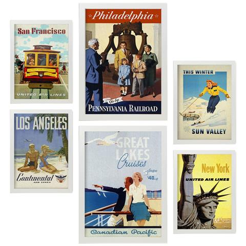 Set Di 6 Stampe Stati Uniti Illustrazioni A Colori Di Cartelloni Pubblicitari Turistici D'epoca Provenienti Da Tutto Il Mondo A3 & A4 Cornice Bianca - Foto 1