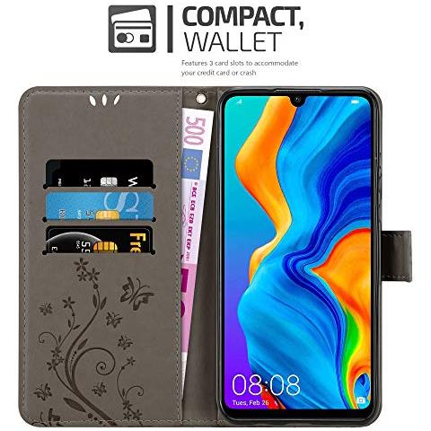 Custodia Compatibile Con Huawei P30 Lite In Grigio Fiore - Coperchio Protettivo In Design Floreale Con Chiusura Magnetica, Funzione Stand E Slot Per Carte - Foto 2