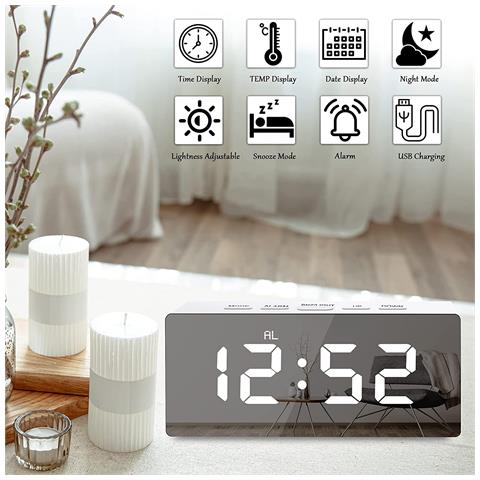 Sveglia Digitale A Led Con Superficie A Specchio Bianca - Foto 10