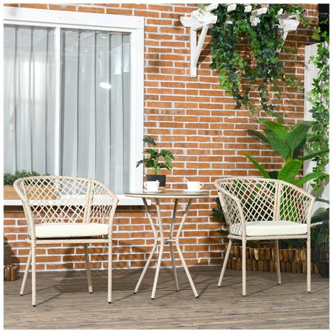 Set Da Giardino In Rattan Con 2 Poltroncine Con Cuscini E Tavolino Da Caffè In Vetro, Khaki - Foto 6