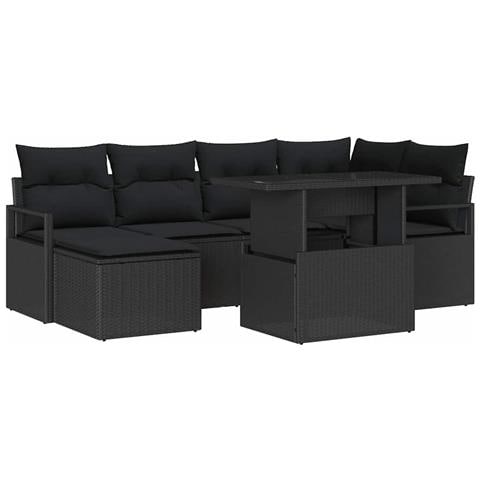 Set di divani da giardino 7 pezzi con cuscini in rattan polietilene nero, Divano giardino 2 posti con cuscini in rattan polietilene nero - Foto 1
