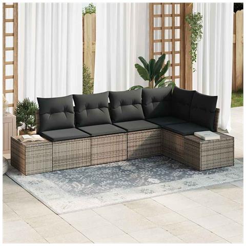 Set divano da giardino a 5 pezzi con cuscini Grigio Polirattan - Foto 2