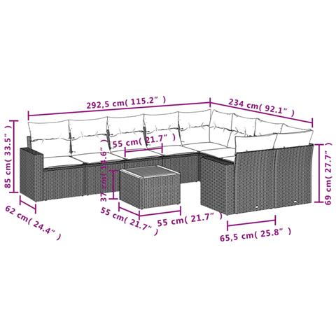 Set Divani da Giardino 10pz con Cuscini in Polyrattan Nero - Foto 3