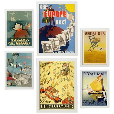Set Di 6 Stampe Europa Illustrazioni A Colori Di Cartelloni Pubblicitari Turistici D'epoca Provenienti Da Tutto Il Mondo Design D'interni A3 & A4 Cornice Bianca - Foto 1
