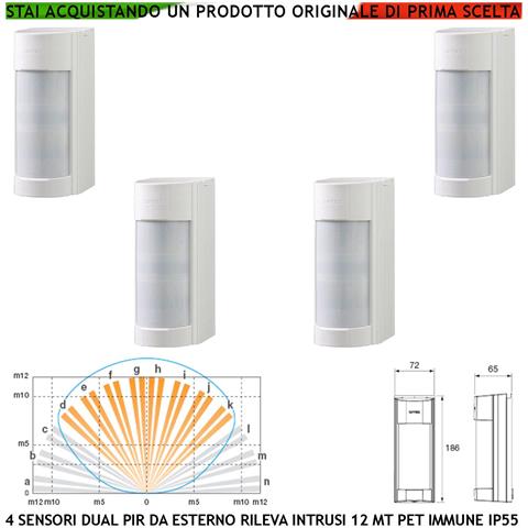 Infrarosso Esterno 4 Sensori Di Movimento Vxi Dual Pir Grandangolo Con Filtri A Tenda Portata 12 Mt Regolabile Via Fil - Foto 1