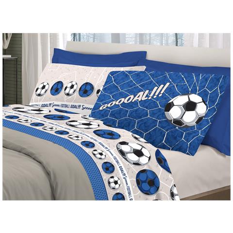 Completo Lenzuola Linea Pensieri Delicati 100% Cotone Disegno Calcio Matrimoniale Blu - Foto 1