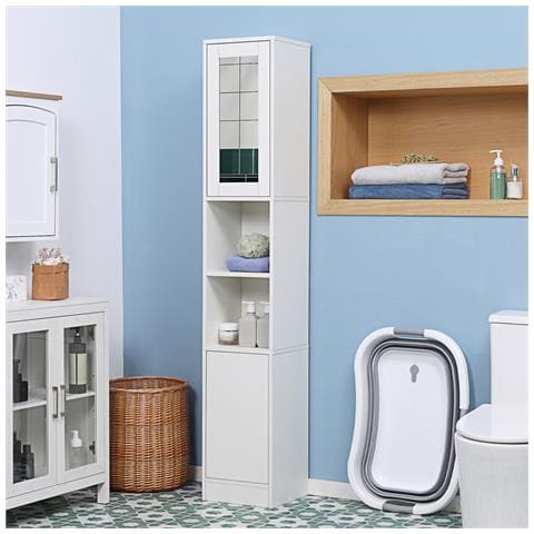 Colonna Bagno Salvaspazio In Legno Con Specchio E Apertura A Pressione, 30x28x170cm, Bianco - Foto 2