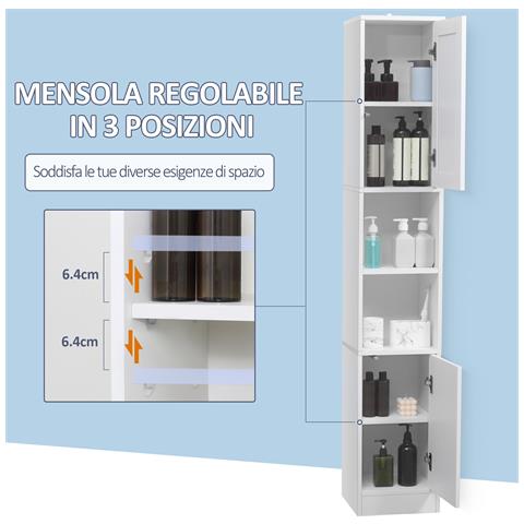 Colonna Bagno Salvaspazio In Legno Con Specchio E Apertura A Pressione, 30x28x170cm, Bianco - Foto 6