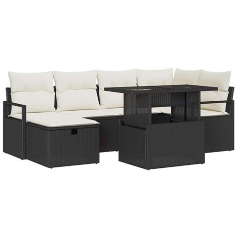 Set di divani da giardino 7 pezzi con cuscini in rattan polimerico nero, Divano da giardino 2 posti con cuscini in rattan polimerico nero - Foto 1
