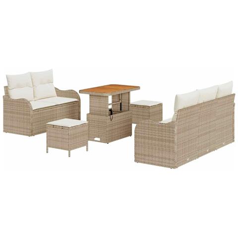 Set di divani da giardino 8 pezzi con cuscini Beige Polyrattan Acacia, Divano da giardino 2 posti con cuscini Beige Polyrattan, Set da pranzo da giardino 3 pezzi con cuscini Beige Polyrattan Acacia - Foto 1
