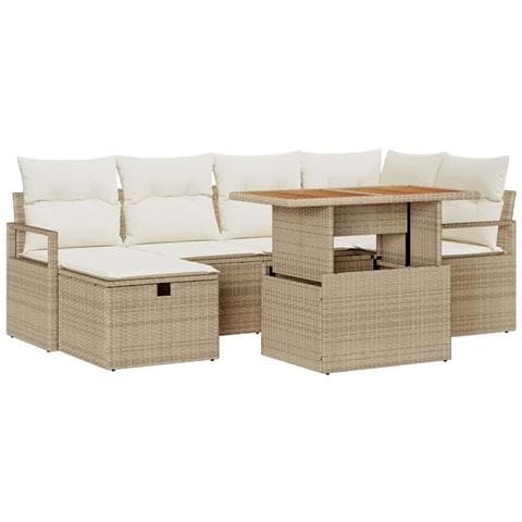 Set di Sofà da Giardino 7 Pezzi con Cuscini in Polyrattan Beige,  Divano da Giardino 2 Posti con Fodera e Cuscini in Polyrattan Beige - Foto 1