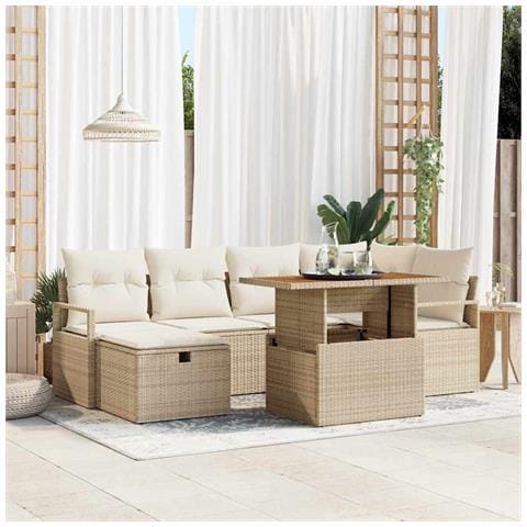 Set di Sofà da Giardino 7 Pezzi con Cuscini in Polyrattan Beige,  Divano da Giardino 2 Posti con Fodera e Cuscini in Polyrattan Beige - Foto 2
