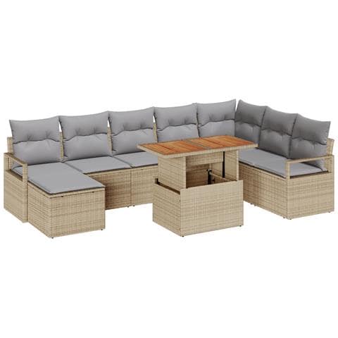 Set Divano Giardino 9 Pezzi con Cuscini Beige Rattan Polietilene Acacia, Divano Giardino per 2 Persone con Cuscini Beige Rattan Polietilene - Foto 1