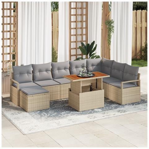 Set Divano Giardino 9 Pezzi con Cuscini Beige Rattan Polietilene Acacia, Divano Giardino per 2 Persone con Cuscini Beige Rattan Polietilene - Foto 2
