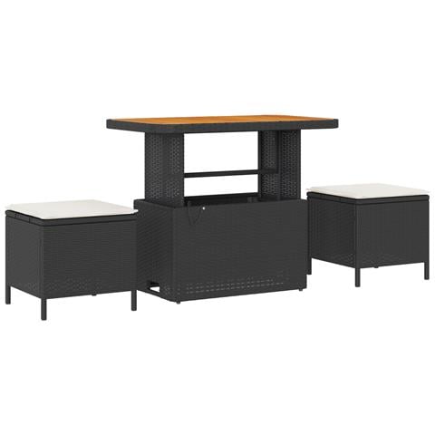 Set da pranzo da giardino 3 pezzi con cuscini in polirattan nero e acacia - Foto 1