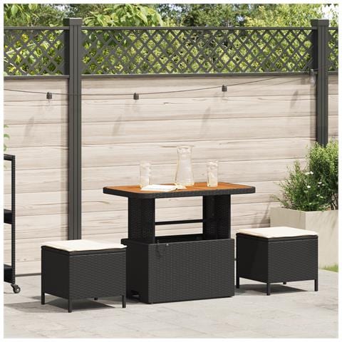 Set da pranzo da giardino 3 pezzi con cuscini in polirattan nero e acacia - Foto 2