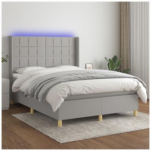 Letto a Molle Materasso e LED Grigio Chiaro 140x190 cm Tessuto - Foto 2