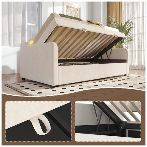 Letto Da Giorno 90x200cm, Divano Letto, Letto Idraulico, Con Contenitore, Striscia Led Cambia Colore, Letto Singolo (senza Materasso), Velluto, Beige - Foto 1