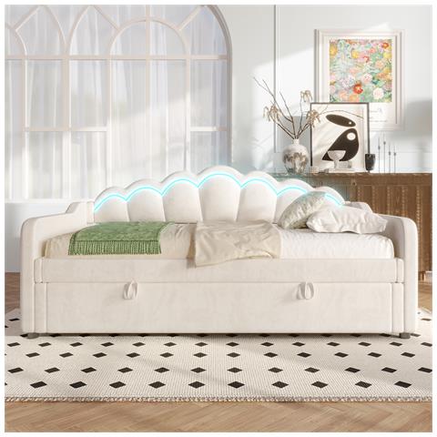 Letto Da Giorno 90x200cm, Divano Letto, Letto Idraulico, Con Contenitore, Striscia Led Cambia Colore, Letto Singolo (senza Materasso), Velluto, Beige - Foto 2