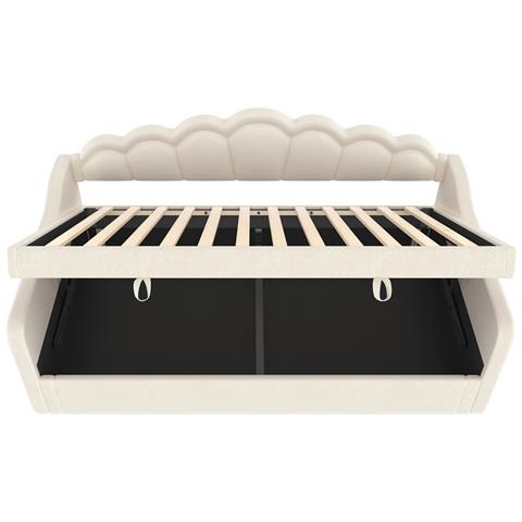 Letto Da Giorno 90x200cm, Divano Letto, Letto Idraulico, Con Contenitore, Striscia Led Cambia Colore, Letto Singolo (senza Materasso), Velluto, Beige - Foto 4